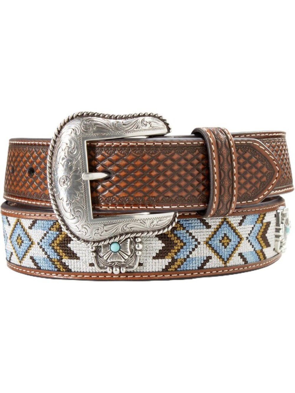 Men's Western Leather Belt, Brown with Silver Buckle & Turquoise Beaded Design